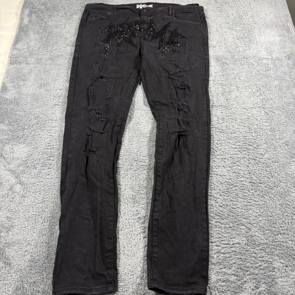 Preme Black Distressed Rhinestone Logo Jeans 40x34 Slim Streetwear‎ Pants